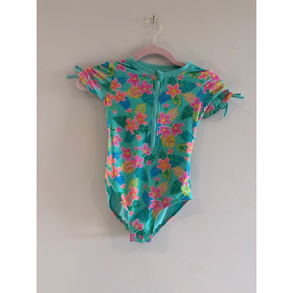 Cat & Jack Girls Turquoise Tropical Floral Half Zip One Piece Swimsuit Size M 8
